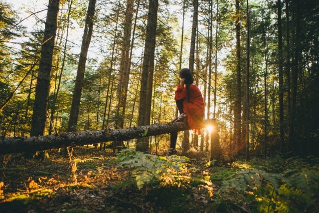 Person sitting in the forest to commune with nature in order to raise her emotional awareness 